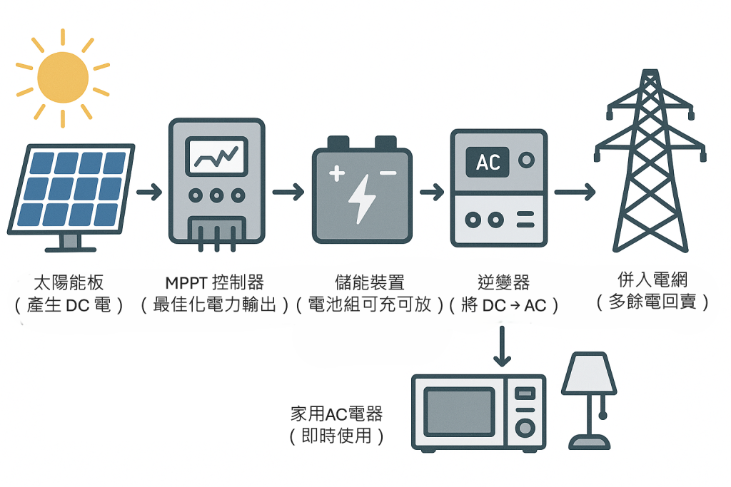 太陽能板（產生 DC 電）
↓
MPPT 控制器（最佳化電力輸出）
↓
儲能裝置（電池組）【可充可放】
↓
→ 逆變器（將 DC → AC）→ 家用電器（即時使用）
↓
→ 併入電網（多餘電回賣）